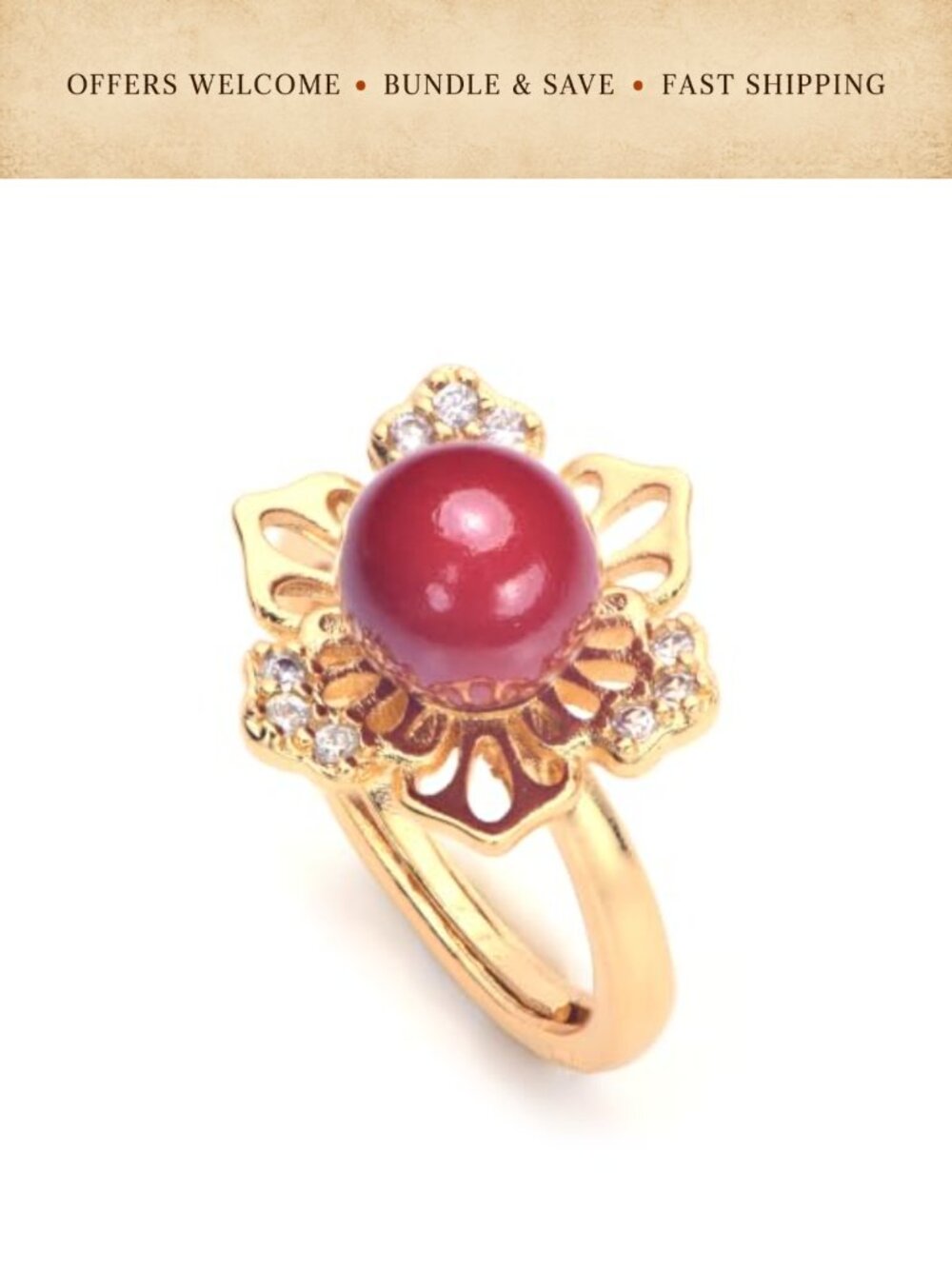 Cinnabar Bead Ring 18K Gold Plated Copper Adjustable Band